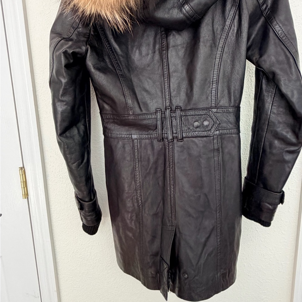 Top Gun Women’s Black Leather Long Coat Jacket Fur Hood S Genuine Leather - Picture 6 of 14